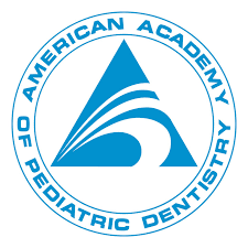 Circular blue logo for the American Academy of Pediatric Dentistry featuring a stylized triangular 'A' with flowing wave-like shapes inside and the organization's name in uppercase around the outer ring.