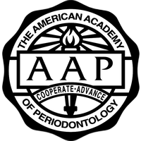 Black-and-white circular seal of The American Academy of Periodontology featuring 'AAP' in a central rectangular panel, a stylized flame and radiating lines above, a tooth silhouette below, and a ribbon labeled 'COOPERATE · ADVANCE' with the organization's name around the outer ring.