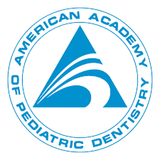 Blue circular logo of the American Academy of Pediatric Dentistry showing a stylized triangular 'A' with three curved, tooth-like waves inside and the organization's name in a ring around it.