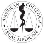 Circular seal of the American College of Legal Medicine featuring a central Rod of Asclepius (single serpent around a staff) overlaid on balanced scales of justice, with the organization's name around the border.