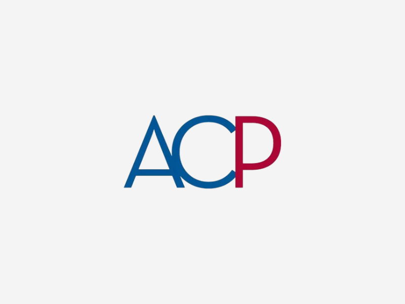 Stylized ACP logo centered on a light gray background, with the letters A and C in blue and the letter P in red.
