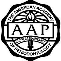 Black scalloped circular seal for the American Academy of Periodontology featuring a central rectangle with large 'AAP' letters, a stylized torch with radiating rays above, a ribbon labeled 'COOPERATE · ADVANCE' below, and the words 'THE AMERICAN ACADEMY OF PERIODONTOLOGY' around the outer ring.