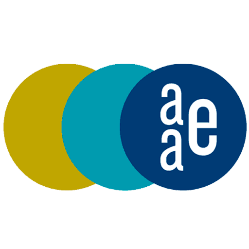 Three overlapping circles—mustard yellow at left, teal in the middle, and navy at right—with the navy circle containing stylized white letters 'a', 'a', and 'e' arranged vertically.