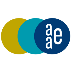 Three overlapping circles—mustard yellow at left, teal in the middle, and dark blue at right containing white stylized lowercase letters 'aae'.