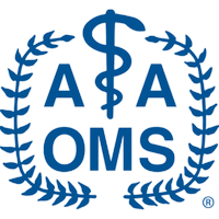 Blue AAOMS logo with a vertical medical staff forming an S between two capital A's, 'OMS' below, all framed by a laurel wreath.
