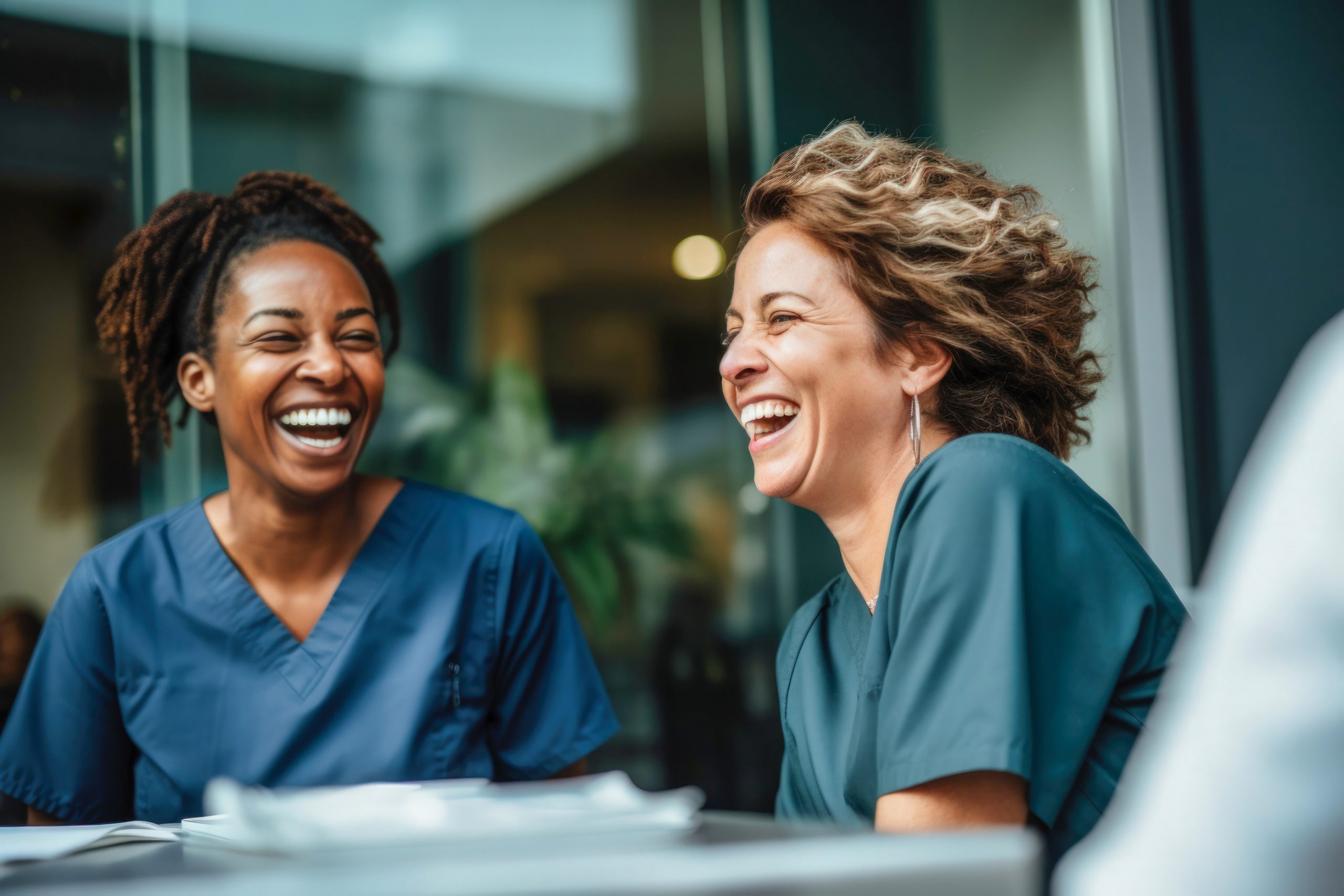 Two female healthcare workers in teal scrubs laughing together across a table, one with dark braided hair and the other with short wavy hair, in a bright indoor setting.