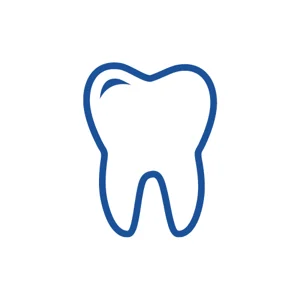 Blue outline of a molar-shaped tooth with a small curved shine mark on the upper left, centered on a white background.