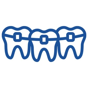Blue outlined icon of three stylized teeth in a row connected by square orthodontic brackets and a linking wire